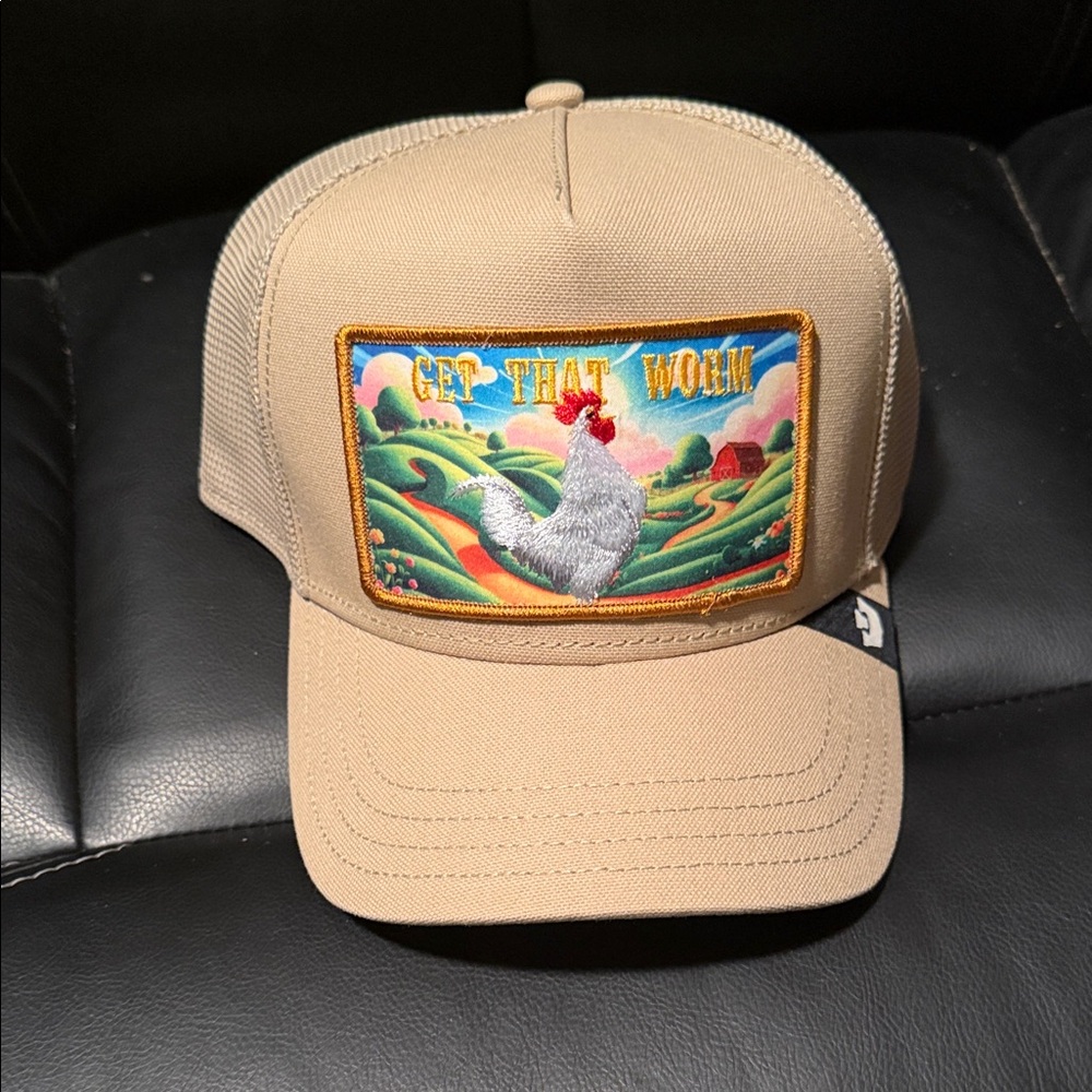 Beige 'Get That Worm' Embroidered Patch Trucker Hat